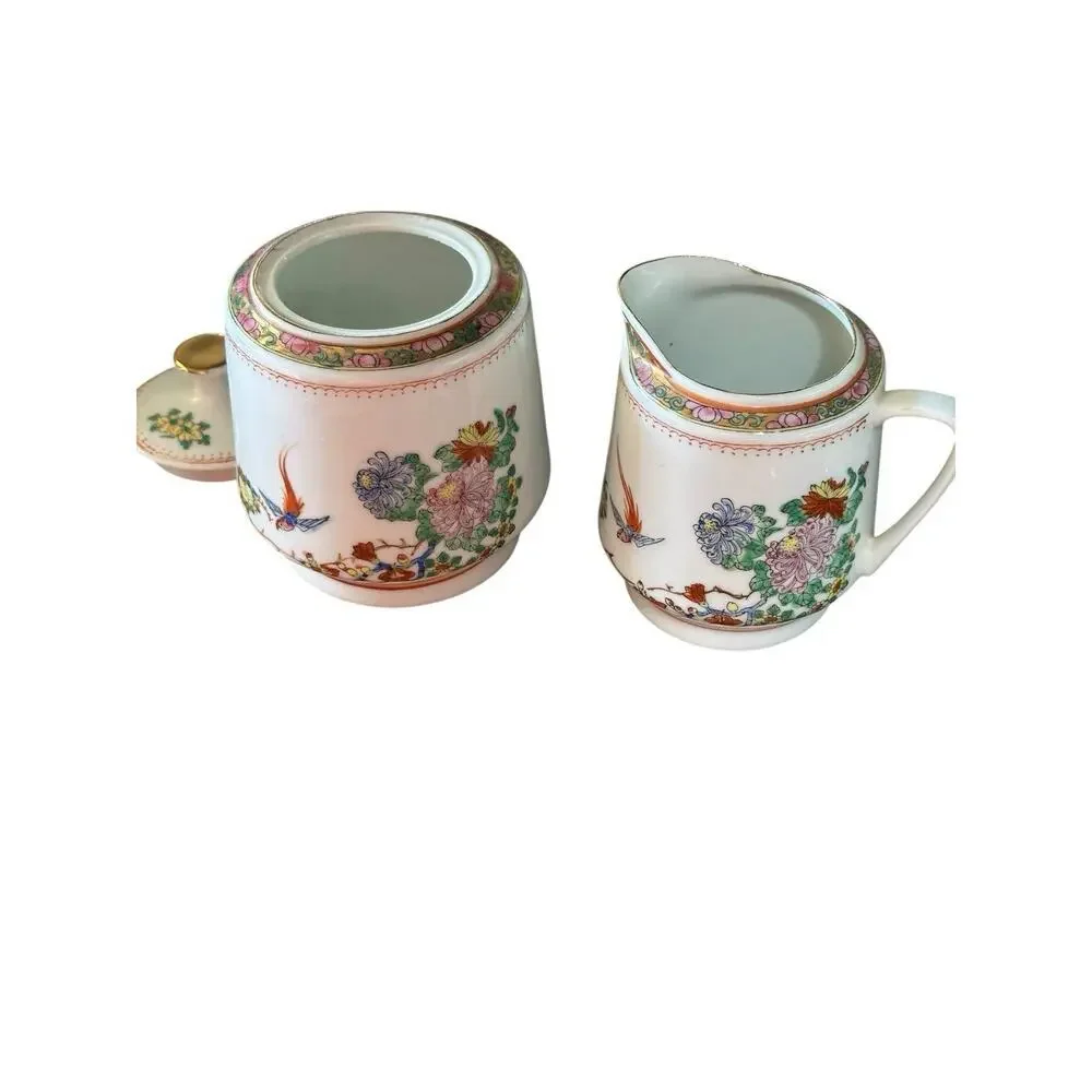 Vintage Chinese Porcelain Painting Tea Set, Hand Painted Birds & Flowers,